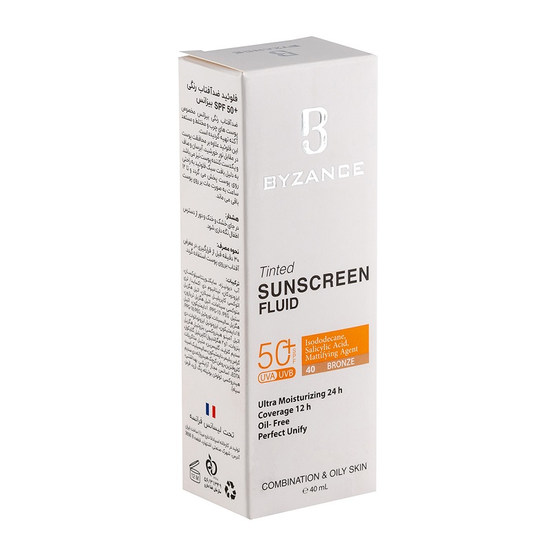 فلوئید ضد آفتاب رنگی بیزانس با SPF50 مناسب پوست های چرب و مختلط حجم 40 میل